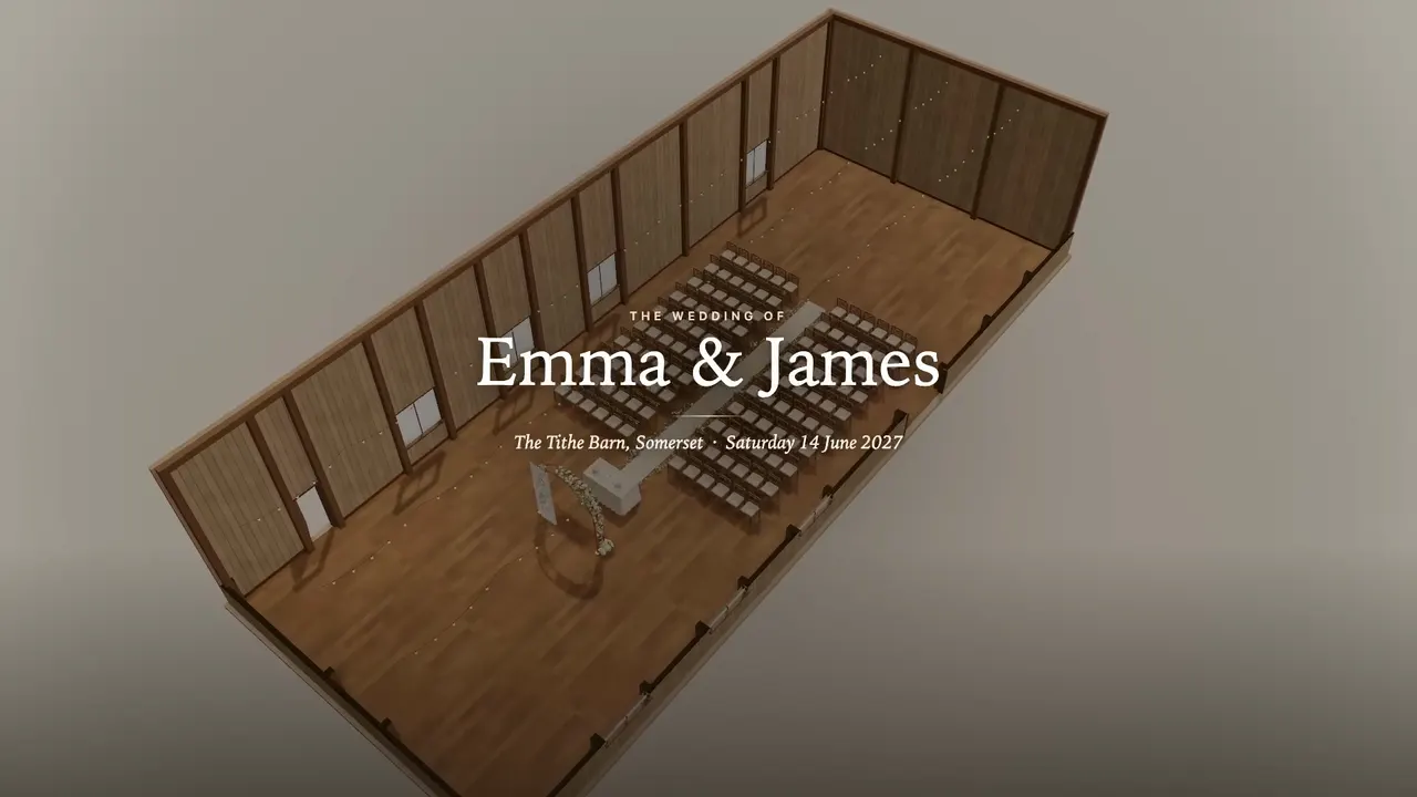 Title card of a whole-day fly-through video: The wedding of Emma & James, The Tithe Barn, Somerset, over the barn set out for the ceremony, seen from above