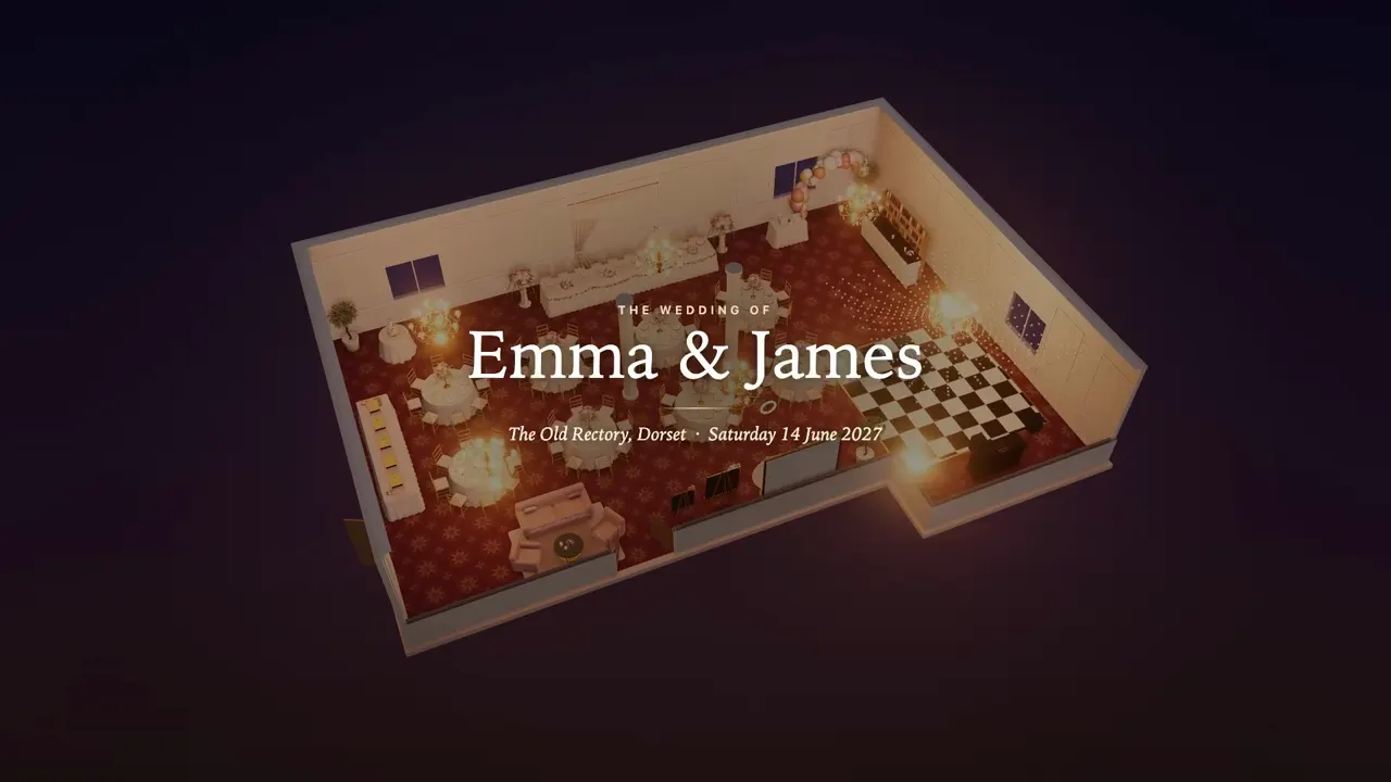 Title card of a fly-through video: The wedding of Emma & James, The Old Rectory, Dorset, over the room seen from above