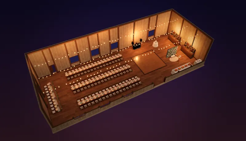 The same barn from above: three long banquet rows, a top table, the dance floor and a photo booth