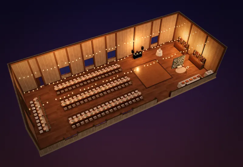 Country barn wedding layout shown in 3D