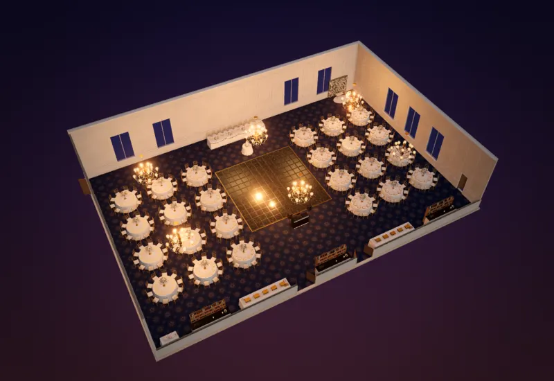 Grand ballroom wedding layout shown in 3D