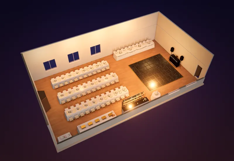 Village hall wedding layout shown in 3D